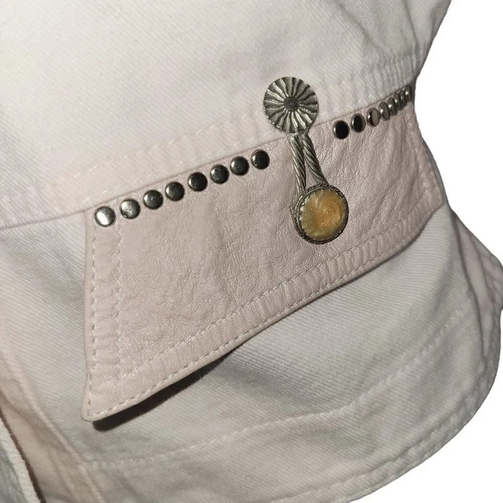 Cache vintage 80s soft pink rivet straps medallion faux leather denim jacket